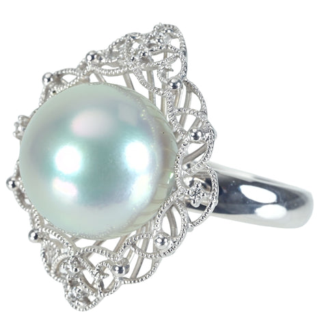 【中古】 K18WG SOUTH SEA PEARL RING 白蝶南洋パールリング 14.0mm D0.06ct 11.5g #13