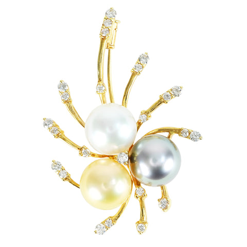 Pre-owned 18K Yellow Gold South Sea Pearl Brooch with White South Sea Pearl, Black South Sea Pearl, and White South Sea Golden Pearl, 10.4-10.5mm, D0.743ct, 13.6g 