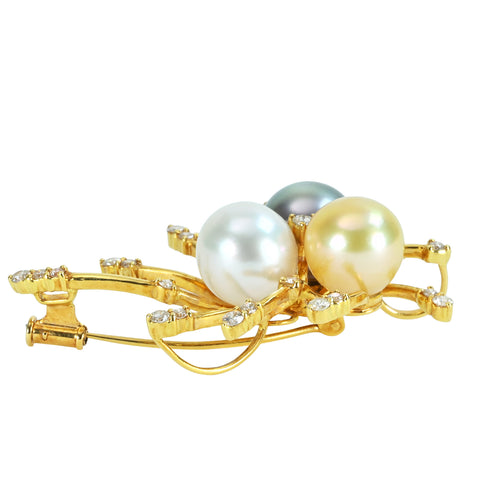 Pre-owned 18K Yellow Gold South Sea Pearl Brooch with White South Sea Pearl, Black South Sea Pearl, and White South Sea Golden Pearl, 10.4-10.5mm, D0.743ct, 13.6g 