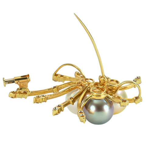 Pre-owned 18K Yellow Gold South Sea Pearl Brooch with White South Sea Pearl, Black South Sea Pearl, and White South Sea Golden Pearl, 10.4-10.5mm, D0.743ct, 13.6g 