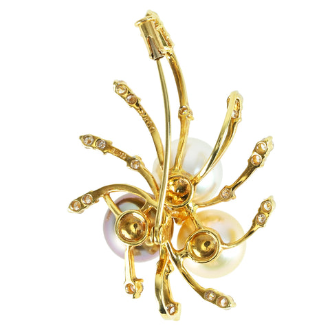Pre-owned 18K Yellow Gold South Sea Pearl Brooch with White South Sea Pearl, Black South Sea Pearl, and White South Sea Golden Pearl, 10.4-10.5mm, D0.743ct, 13.6g 