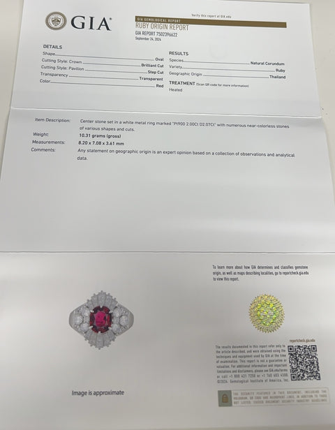 Pre-owned MIKIMOTO PT900 RUBY RING, Thai Ruby, 2.00ct R, 2.07ct D, GIA Certificate, 10.3g, #16, One Price 