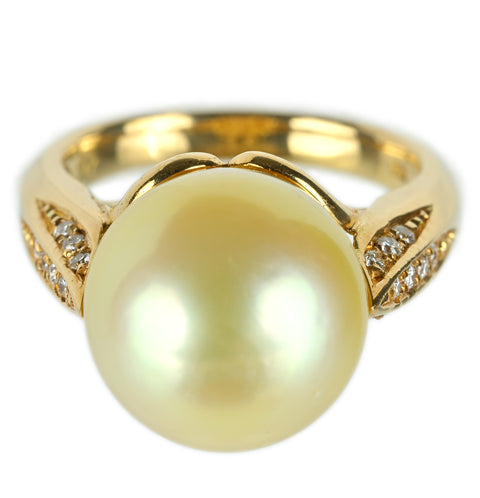 【中古】 K18YG GOLDEN PEARL ゴールデンパールリング 13.1mm D0.17ct 9.7g #14