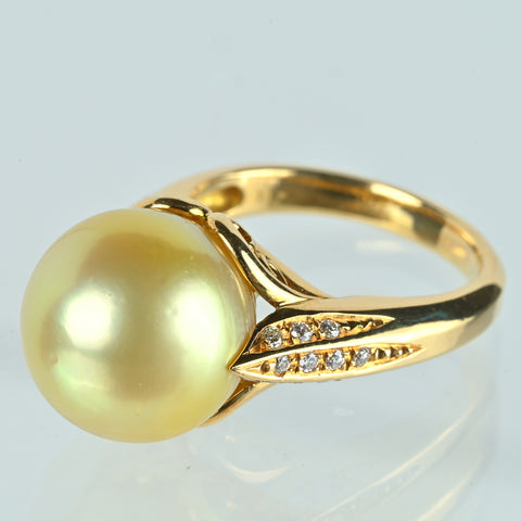 【中古】 K18YG GOLDEN PEARL ゴールデンパールリング 13.1mm D0.17ct 9.7g #14