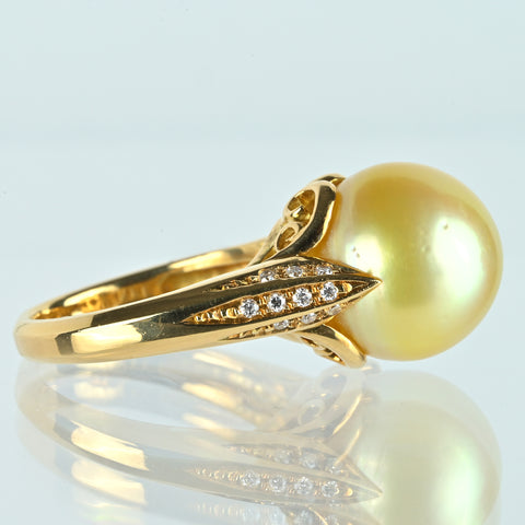【中古】 K18YG GOLDEN PEARL ゴールデンパールリング 13.1mm D0.17ct 9.7g #14