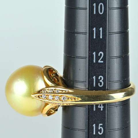 【中古】 K18YG GOLDEN PEARL ゴールデンパールリング 13.1mm D0.17ct 9.7g #14