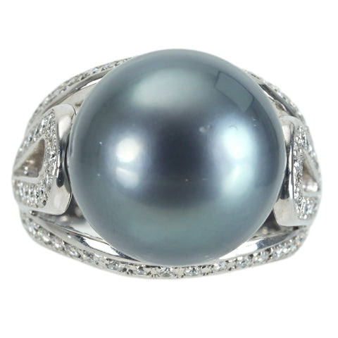 【中古】K18WG TAHITIAN PEARL RING 黒蝶パールリング P15.0mm D0.88ct 18.9g #12.5