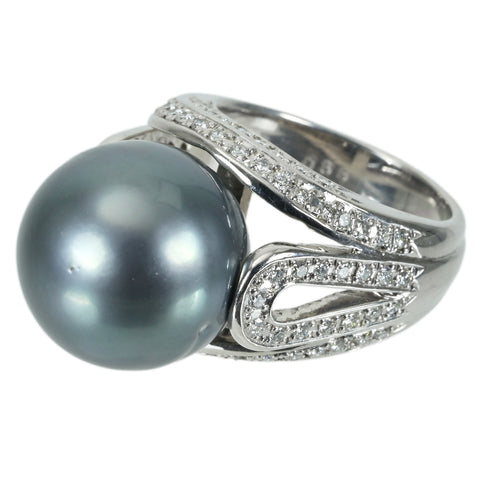【中古】K18WG TAHITIAN PEARL RING 黒蝶パールリング P15.0mm D0.88ct 18.9g #12.5