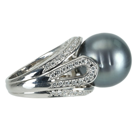 【中古】K18WG TAHITIAN PEARL RING 黒蝶パールリング P15.0mm D0.88ct 18.9g #12.5