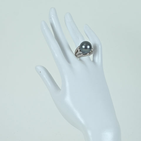【中古】K18WG TAHITIAN PEARL RING 黒蝶パールリング P15.0mm D0.88ct 18.9g #12.5