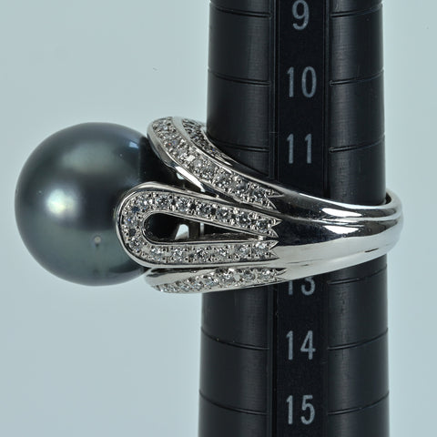 【中古】K18WG TAHITIAN PEARL RING 黒蝶パールリング P15.0mm D0.88ct 18.9g #12.5