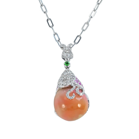 Pre-owned K18WG Conch Pearl Necklace, Conch Pearl Pendant Necklace, CP 24.20ct, D 0.81ct, 15.2g 