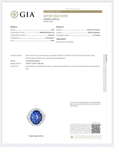 【中古】PT900 NO HEAT SAPPHIREスリランカ産非加熱サファイアリング S14.73ct D0.94ct GIA鑑別書 14.7g