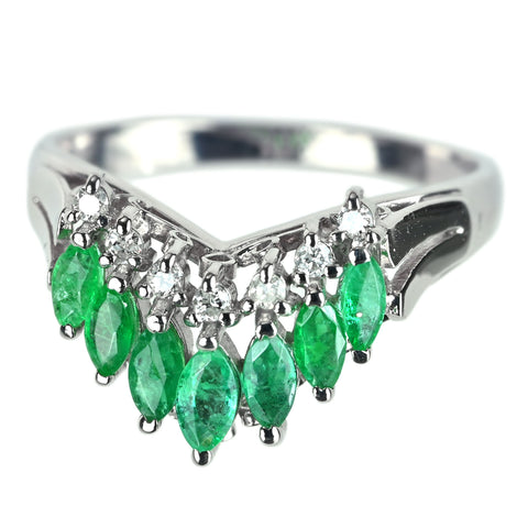 【中古】PT900 EMERALD エメラルド Vラインリング E0.60ct D0.10ct 5.0g #13.5