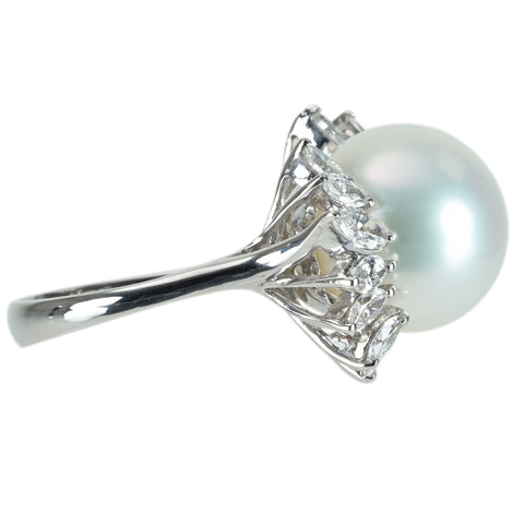 【美品】K18WG 白蝶パールリング P13.9mm D1.27ct   真珠科学研究所 オーロラ ヴィーナス 鑑別書 9.0g #15