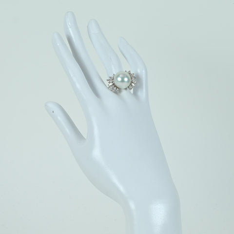 【美品】K18WG 白蝶パールリング P13.9mm D1.27ct   真珠科学研究所 オーロラ ヴィーナス 鑑別書 9.0g #15