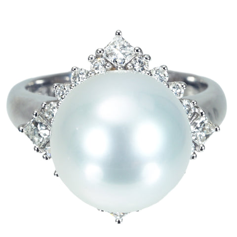 [Pre-owned] K18WG SHIROCHO PEARL RING White Butterfly Pearl Ring, P12.6mm, D0.70ct, 8.3g, #13, Pearl Science Institute Aurora Venus, Certificate of Authenticity 