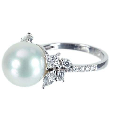 【新品】K18WG SOUTH SEA PEARL RING 白蝶パールリング 12.5mm D1.08ct 6.6g #14.5 真珠科学研究所（真科研）オーロラヴィーナス