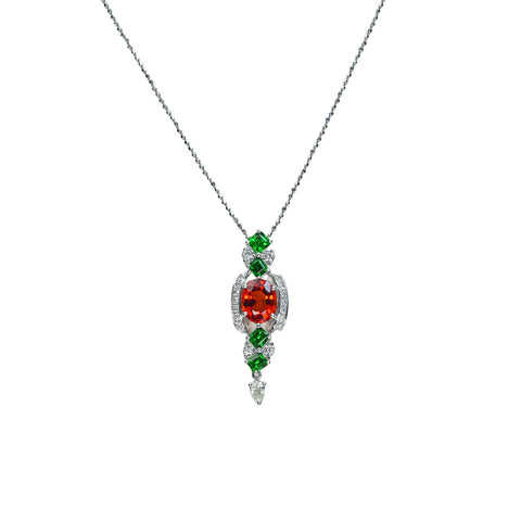 【中古】K18WG GARNET オレンジ＆グリーンガーネットペンダントネックレス 2.40ct 1.05ct D0.63ct 7.7g
