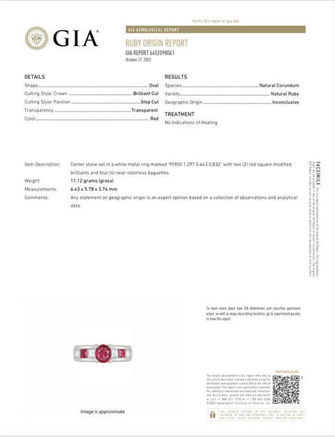 【中古】PT900 Ruby 非加熱 ルビー リング R1.297ct D0.832ct R0.643ct GIA鑑別書付き 10.9g