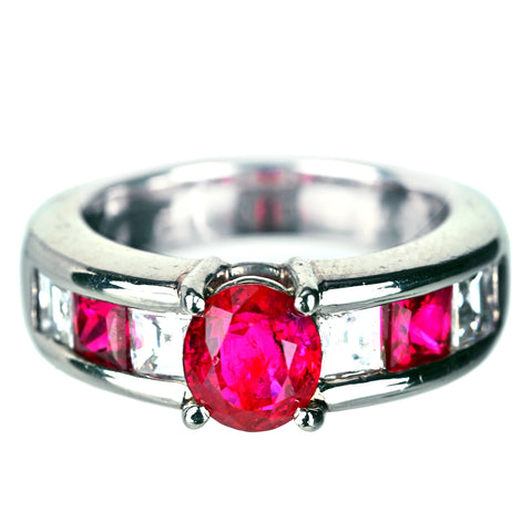 【中古】PT900 Ruby 非加熱 ルビー リング R1.297ct D0.832ct R0.643ct GIA鑑別書付き 10.9g