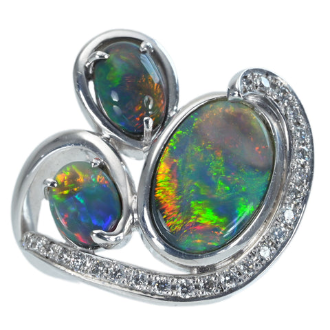 【中古】K18WG BLACK OPAL RING ブラックオパールリング BO1.67ct BO0.77ct BO0.50ct  D0.20ct 11.0g #11.5