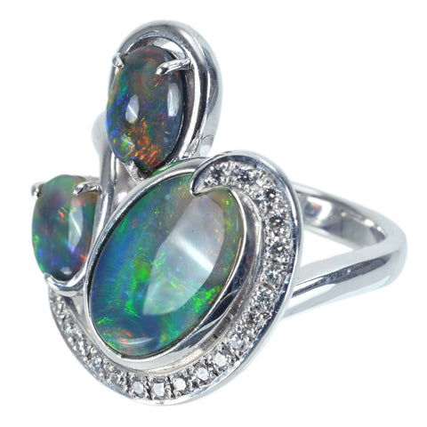 【中古】K18WG BLACK OPAL RING ブラックオパールリング BO1.67ct BO0.77ct BO0.50ct  D0.20ct 11.0g #11.5