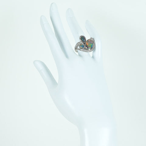 【中古】K18WG BLACK OPAL RING ブラックオパールリング BO1.67ct BO0.77ct BO0.50ct  D0.20ct 11.0g #11.5