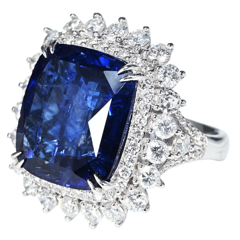 【中古】K18WG SAPPHIRE RING スリランカ産サファイアリング S16.88ct D2.54ct GRS Royal Blue 鑑別書 14.7g  #15