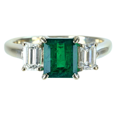 【中古】K18WG EMERALD エメラルドリング E1.18ct D0.65ct 4.3g #11.5