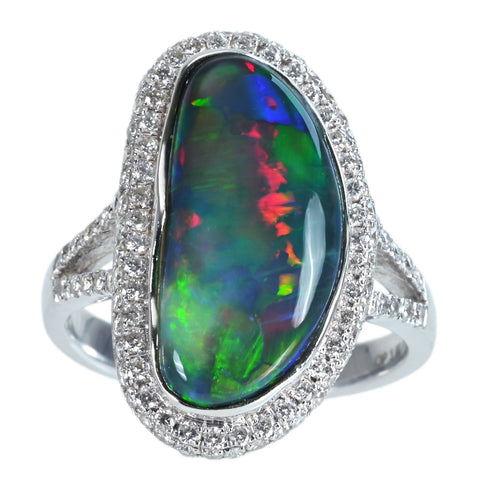 【中古】K18WG BLACK OPALブラックオパールリング BO3.80ct D0.58ct 5.4g #12