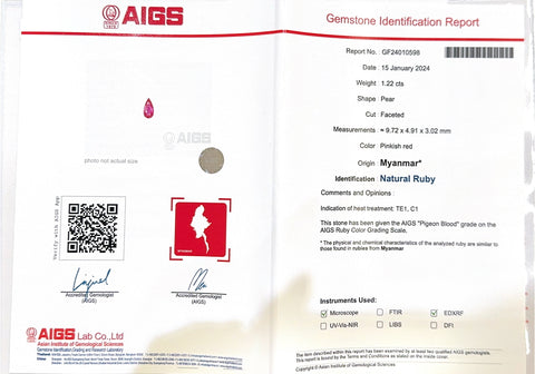 【中古】K18WG Mynmar RUBY RING ビルマ産ルビーリング R1.22ct D1.10ct Pigeon Blood AIGS 鑑別書 5.4g #13.5