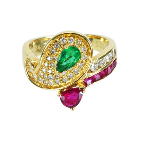 【中古】K18YG EMERALD RUBY エメラルド・ルビーリング E0.45ct R0.42ct 6.3g #10