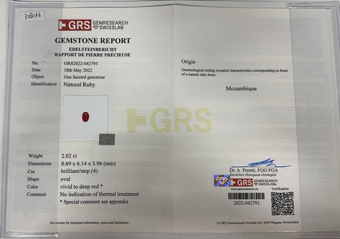 [Pre-owned] 18K White Gold Ruby Ring, Unheated Ruby from Mozambique, R2.02ct, D0.64ct, GRS Certificate Included, 5.1g, 14ct 