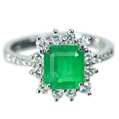 【中古】 K18WG EMERALDエメラルドリング E1.77ct D0.55ct 3.9g #14