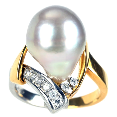 【中古】 K18YG/PT900 PEARL 南洋バロックパールリング 12.1mm D0.16ct 13.5g #14.5