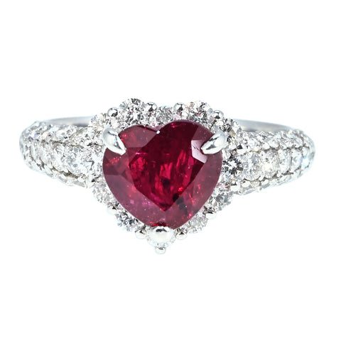 【中古】PT900 NO- HEAT RUBY RING 非加熱ハートシェイプルビーリング  R2.01ct D1.08ct GRS/AIGS鑑別書 5.7g #13.5