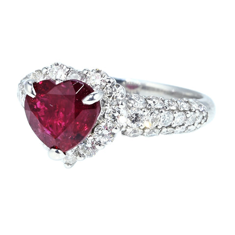 【中古】PT900 NO- HEAT RUBY RING 非加熱ハートシェイプルビーリング  R2.01ct D1.08ct GRS/AIGS鑑別書 5.7g #13.5