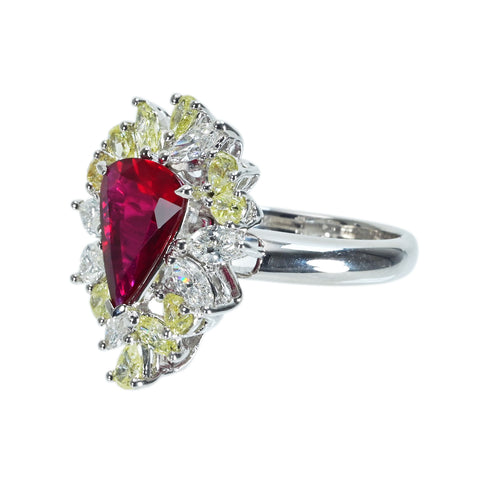 Pre-owned 18K White Gold Ruby Ring, Unheated Ruby from Mozambique, 2.02ct R, 1.92ct D, AIGS "Pigeon Blood" Certificate, 8.7g, #13.5 