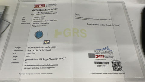 【中古】PT900 PARAIBA TOURMALINE RING ブラジル産パライバトルマリンリング PT14.94ct D1.215ct GRS/CGL鑑別書 16.5g #11.5