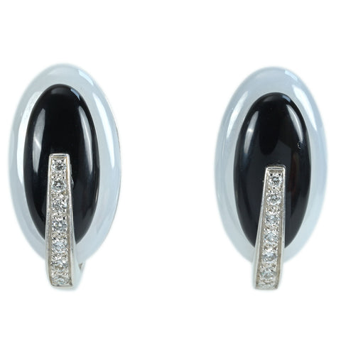 【中古】K14WG/K18WG ONYX /QUARTZ EARRING オニキス/クオーツピアス D0.17ct 11.7g