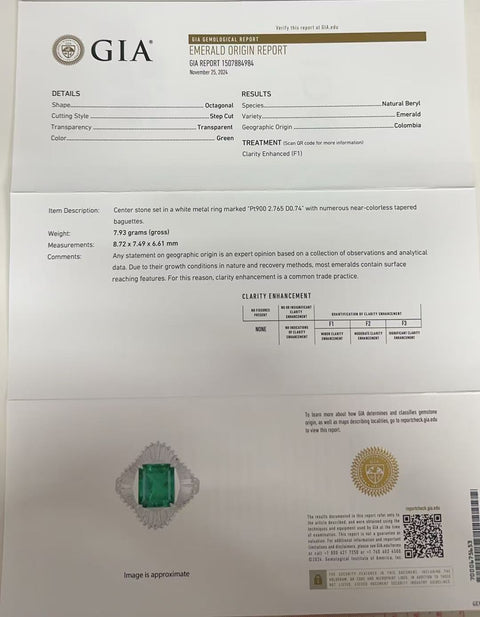 【中古】PT900 EMERALDコロンビア産エメラルドリング E2.765ct D0.74ct GIA鑑別書 7.9g ＃9