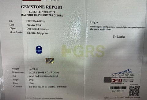 Pre-owned PT900 No Heat Sapphire Ring, Sri Lankan Unheated Sapphire, 10.40ct, D2.91ct, GRS Certificate, 19.8g, #12.5 