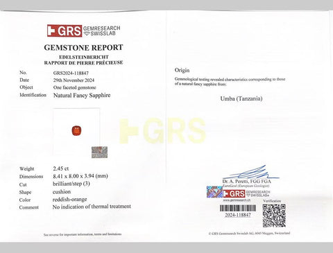 Pre-owned PT950 NO HEAT SAPPHIRE RING, PS 2.45ct, D 0.70ct, GRS Certificate, 8.9g, #13 