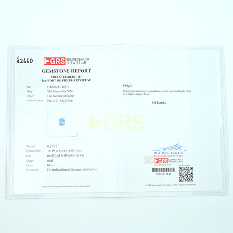 【中古】PT900 NO HEAT SAPPHIRE RING スリランカ産非加熱サファイアリング S6.87ct D1.70ct GRS鑑別書 13.3g