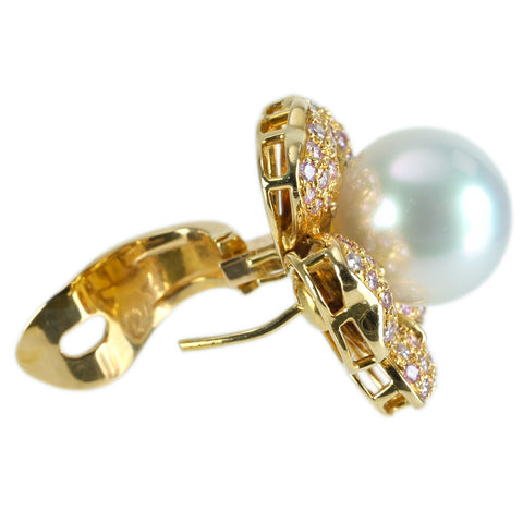 Pre-owned 18K Yellow Gold Pearl Earrings with White South Sea Pearls, 12.4mm diameter, 4.05ct diameter, Aurora Venus, 25.0g, with a Pearl Science Institute (Shinkaken) Certificate of Authenticity. 