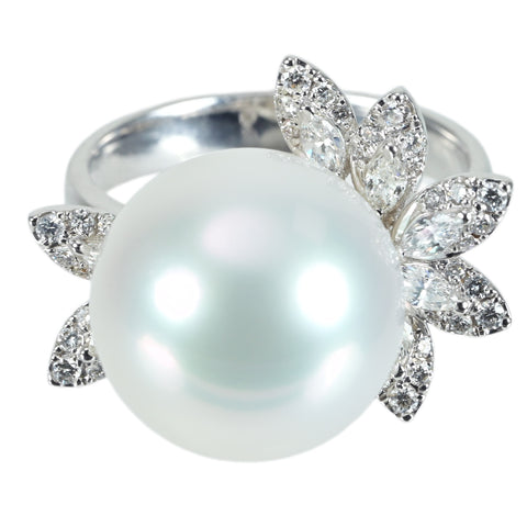 【中古】K18WG SOUTH SEA PEARL RING 白蝶パールリング P13.6mm D0.54ct 8.6g #13