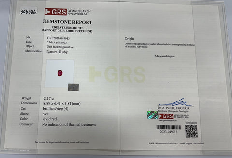 Pre-owned 18K RUBY RING, Unheated Ruby from Mozambique, R2.17ct, D2.37ct, GRS Certificate, 6.8g, #13.5 