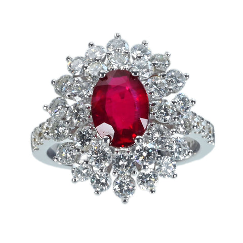 【中古】K18 RUBY RING モザンビーク産非加熱ルビーリング R2.17ct D2.37ct GRS鑑別書 6.8g #13.5