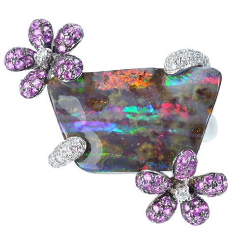 【中古】K18WG BOULDER OPALボルダーオパール・ピンクサファイアリング O13.42ct PS0.86ct D0.27ct 10.0g #15